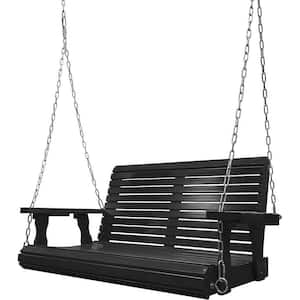 4 ft. Outdoor Wood Porch Swing with Cup Holders, Adjustable Hanging Chains and Spring Hooks, Black