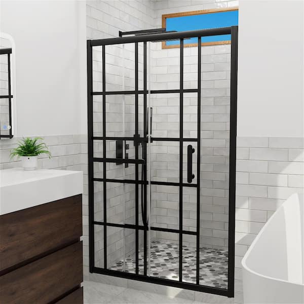 LATTICE 48 in. W x 72 in. H Sliding Framed Shower Door in Black Grid Finish with Clear Glass and handle