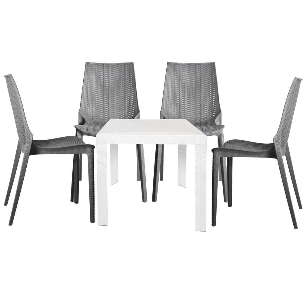 Leisuremod Kent White and Grey 5Piece Plastic Square Outdoor Dining