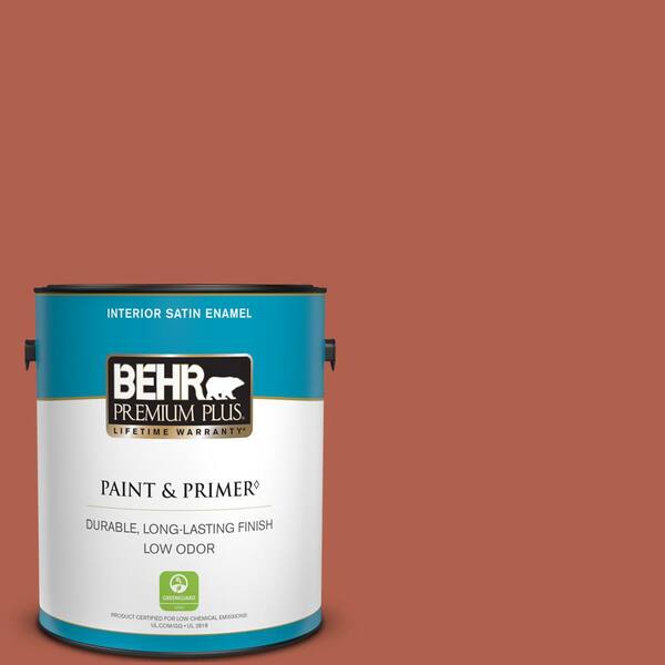 BEHR PREMIUM PLUS 1 gal. #BIC-46 Clay Red Satin Enamel Low Odor Interior Paint & Primer