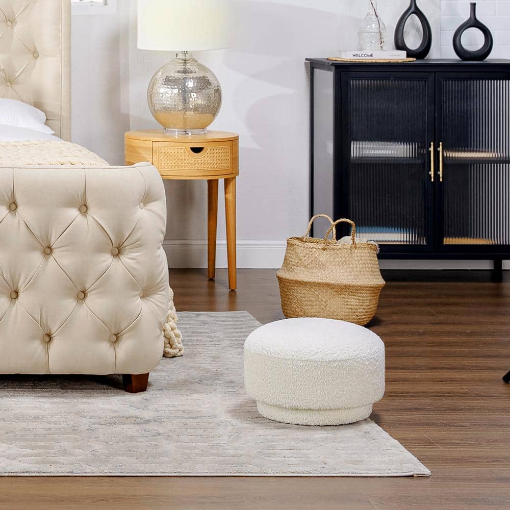 Ivory White Boucle Round Mushroom Ottoman, Small