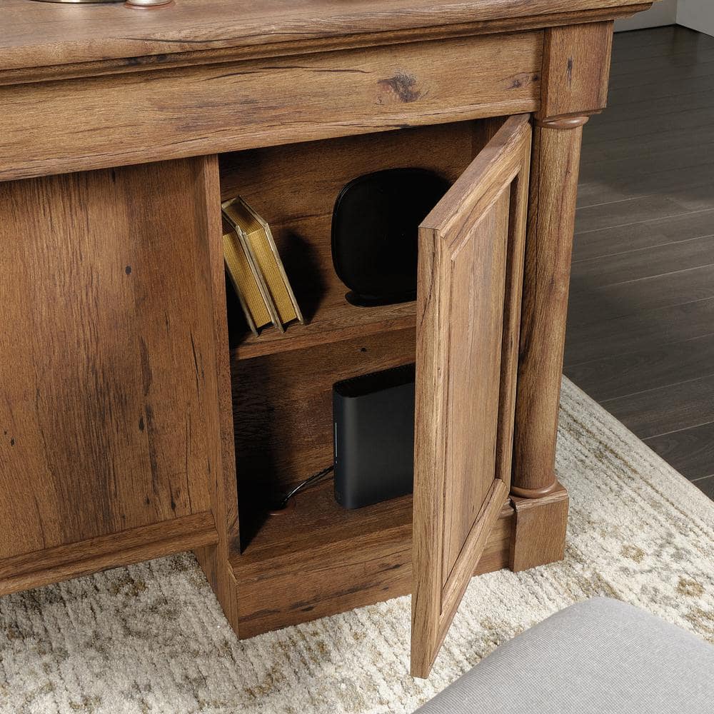 Vintage Oak Executive Desk with Drawers and Power Outlet