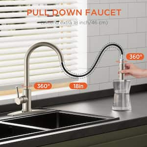 Single Handle Pull Down Sprayer Kitchen Faucet with Soap Dispenser and Flexible Hose in Brushed Nickel