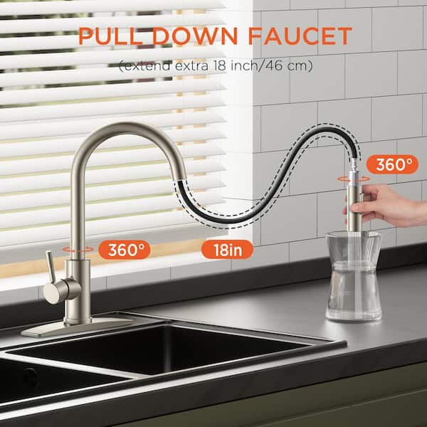 Single Handle Pull Down Sprayer Kitchen Faucet with Soap Dispenser and Flexible Hose in Brushed Nickel