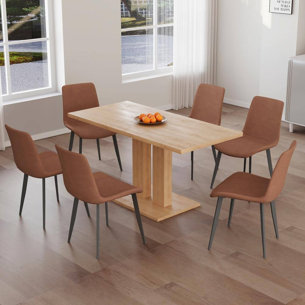 7-Piece Rectangle OAK MDF Table Top Dining Room Set Seating 6 with Brown Chairs -  GOJANE, WF290790LWYAAD