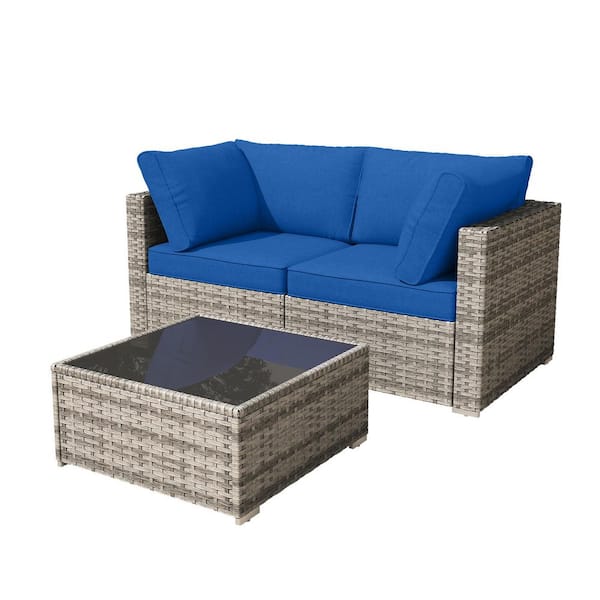 Nestle 3 Pieces Wicker Patio Conversation Seating Sofa Set with Navy Blue Cushions and Coffee Table