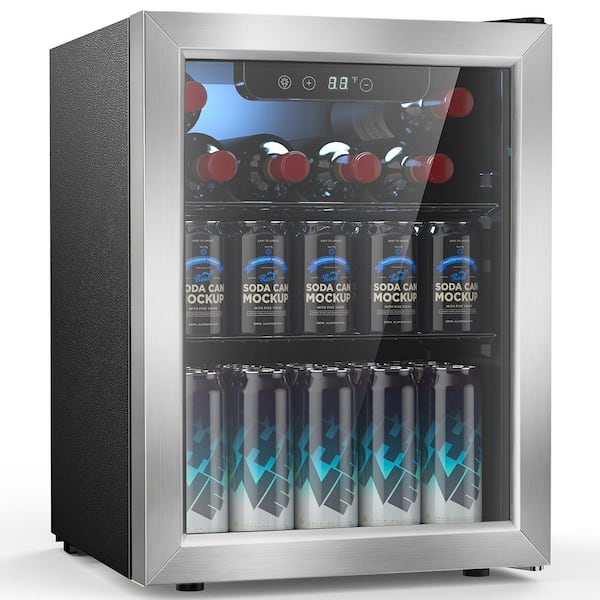 16.93 in. Single zone 68-Cans Beverage Cooler Freestanding Refrigerator with Glass Door in Stainless Steel Silver
