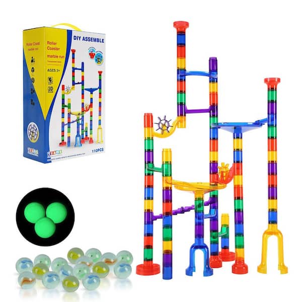 SKYSHALO Marble Run Set, 110 Piece Marble Maze Building Block Brain Game, with 10 Glow in the Dark Marbles + 20 Glass Marbles