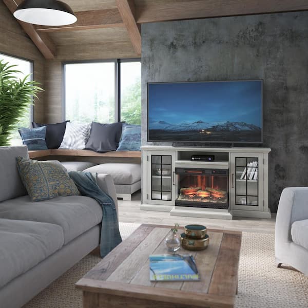 Twin Star Home 60 in. Media Mantel Electric Fireplace in Omni-Fairfax Oak White Panorama Fireplace