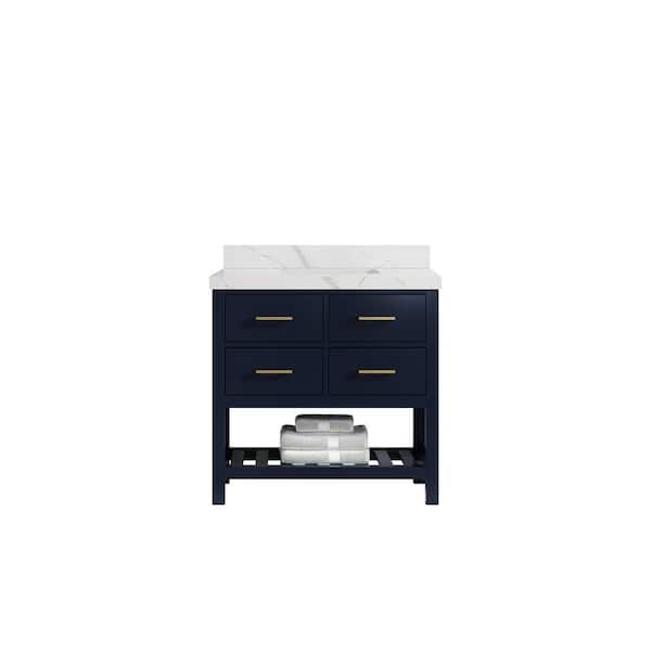 Willow Collections Parker 36 in. W x 22 in. D x 36 in. H Center Sink Bath Vanity in Navy Blue with 2 in. Calacatta Quartz Top
