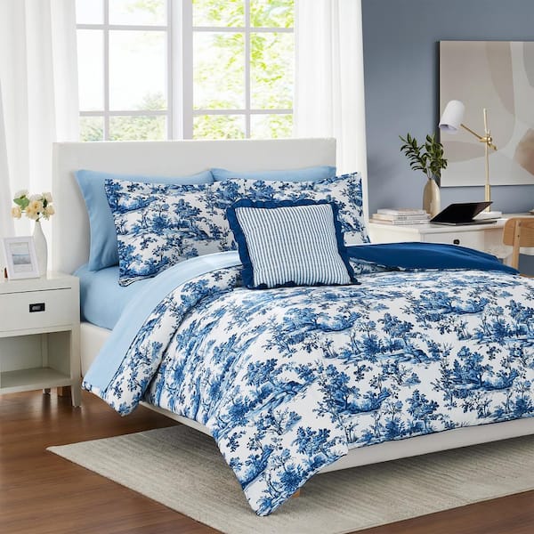 Modern Threads 8-Piece Shaya Toile Bed in a Bag Reversible Microfiber Blue Comforter Set, Full