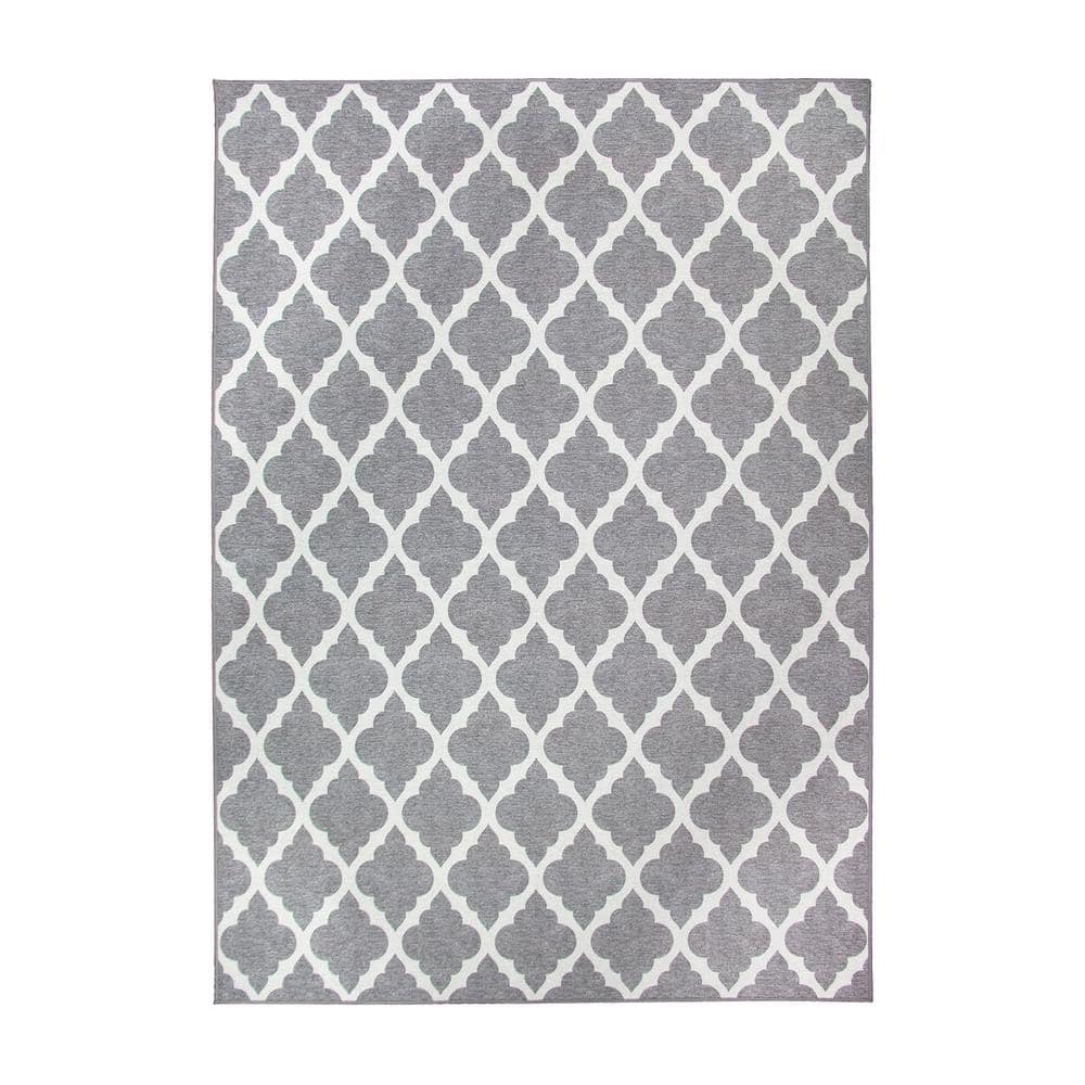 Well Woven Non-Skid Slip Rubber Back Antibacterial 5x7 (5' x 7') Area Rug Dallas Moroccan Trellis Grey Modern Geometric Lattice Thin Low Pile Machine Washable