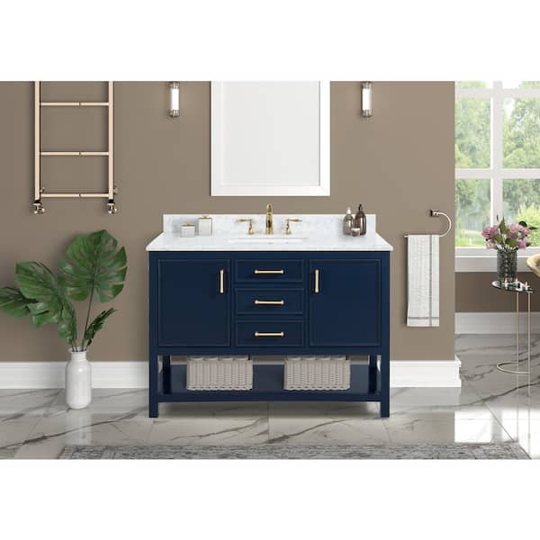 Uptown 48 in. W x 22 in. D x 34.75 in. H Bath Vanity in Navy Blue with Marble Vanity Top in White with White Basin