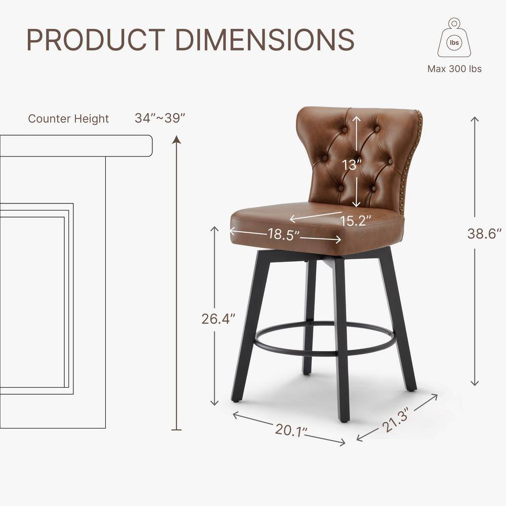 Brown Faux Leather Swivel Counter Height Bar Stools with Wood Frame, Set of 2