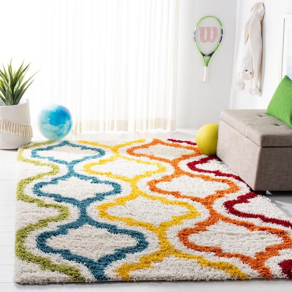 Kids Shag Ivory/Multi Doormat 3 ft. x 5 ft. Trellis Geometric Area Rug