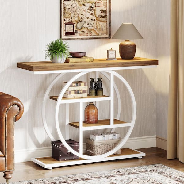 BYBLIGHT Turrella 41.3 in. White Oak Rectangle Wood Console Table, Industrial 4-Tier Sofa Table Entryway Table with Circle Base