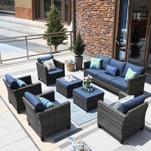 All Weather Wicker Patio Furniture Sectional Sofa with Fire Pit Table Thick Cushions for Yard Garden Porch Brown Sofa Set for Six Firetable, 7 PCS Grand Patio Fire Pit Patio Set 