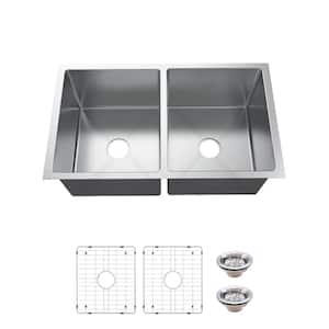 Tight Radius 31 in. Undermount 50/50 Double Bowl 18 Gauge Stainless Steel Kitchen Sink with Accessories