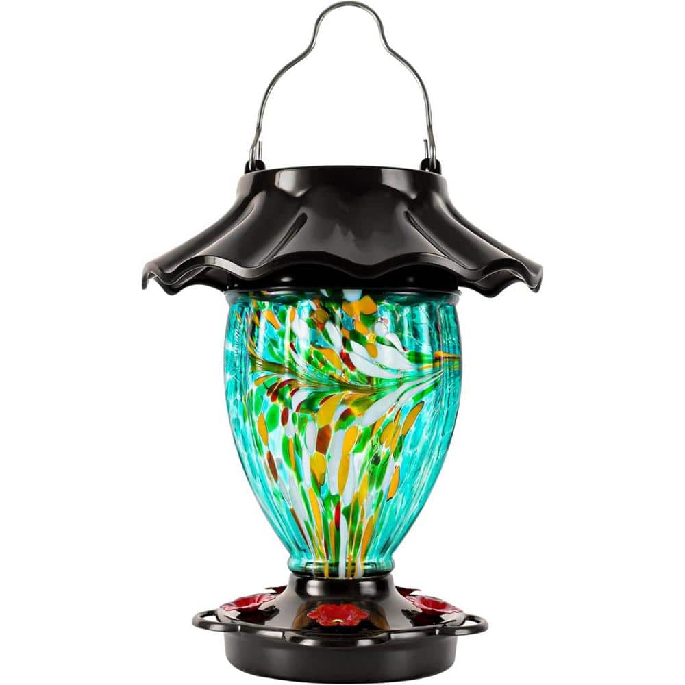 32 fl. oz.. Teal Color Changing Hand Blown Glass Reservoir Hummingbird Feed