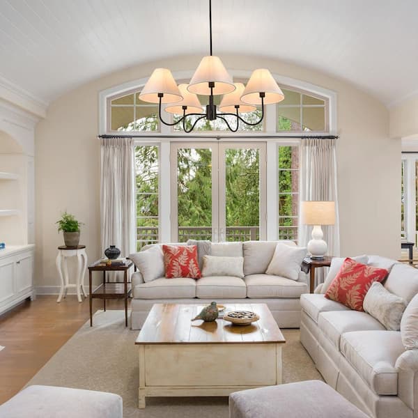 5-Light Matte Black Sputnik Chandelier with White Fabric Shade for Living Room Bedroom