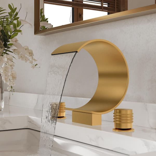 Waterfall 8 in. High Widespread 2-Handle Bathroom Basin Sink Faucet 1.2 GPM in Brushed Gold with Drain Included