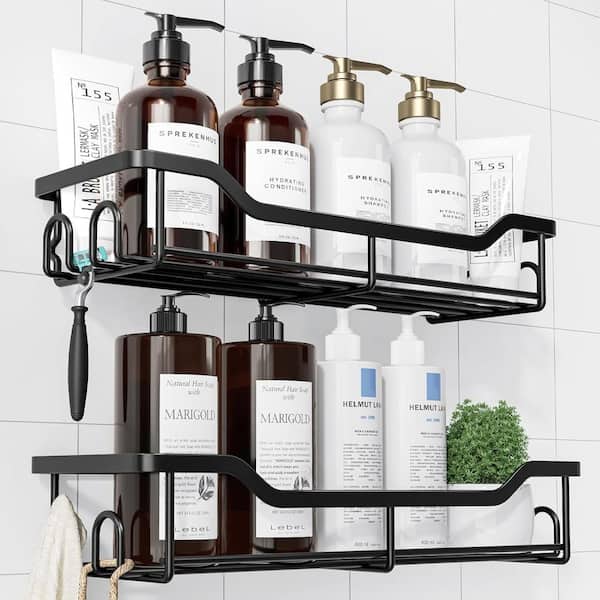 CLAVIE 2-Piece Set Irregular Stainless Steel Shower Caddy Shower Rack with 8 Hooks in Black
