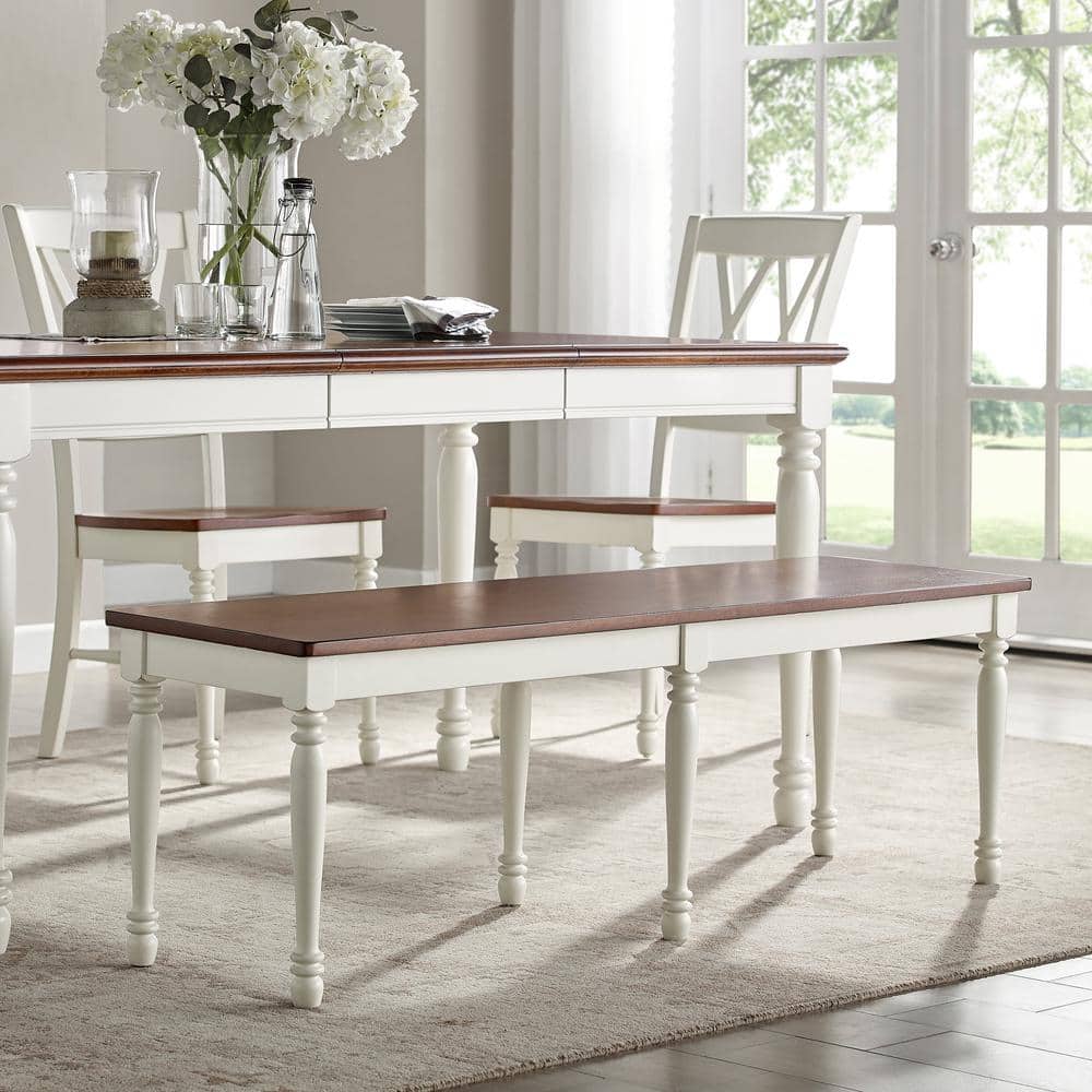 Shelby 57.75" White and Dark Brown Wood Dining Bench