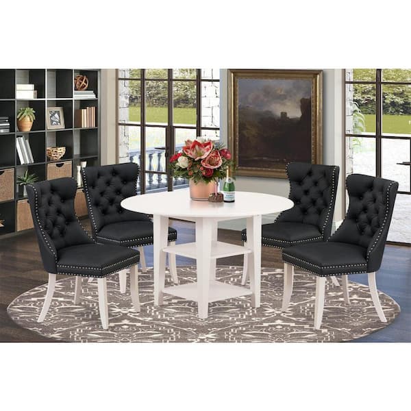 East West Furniture 5-Piece Linen White Finish Solid Wood Top - Round Dining Room Set with Dropleaf - Seats 4