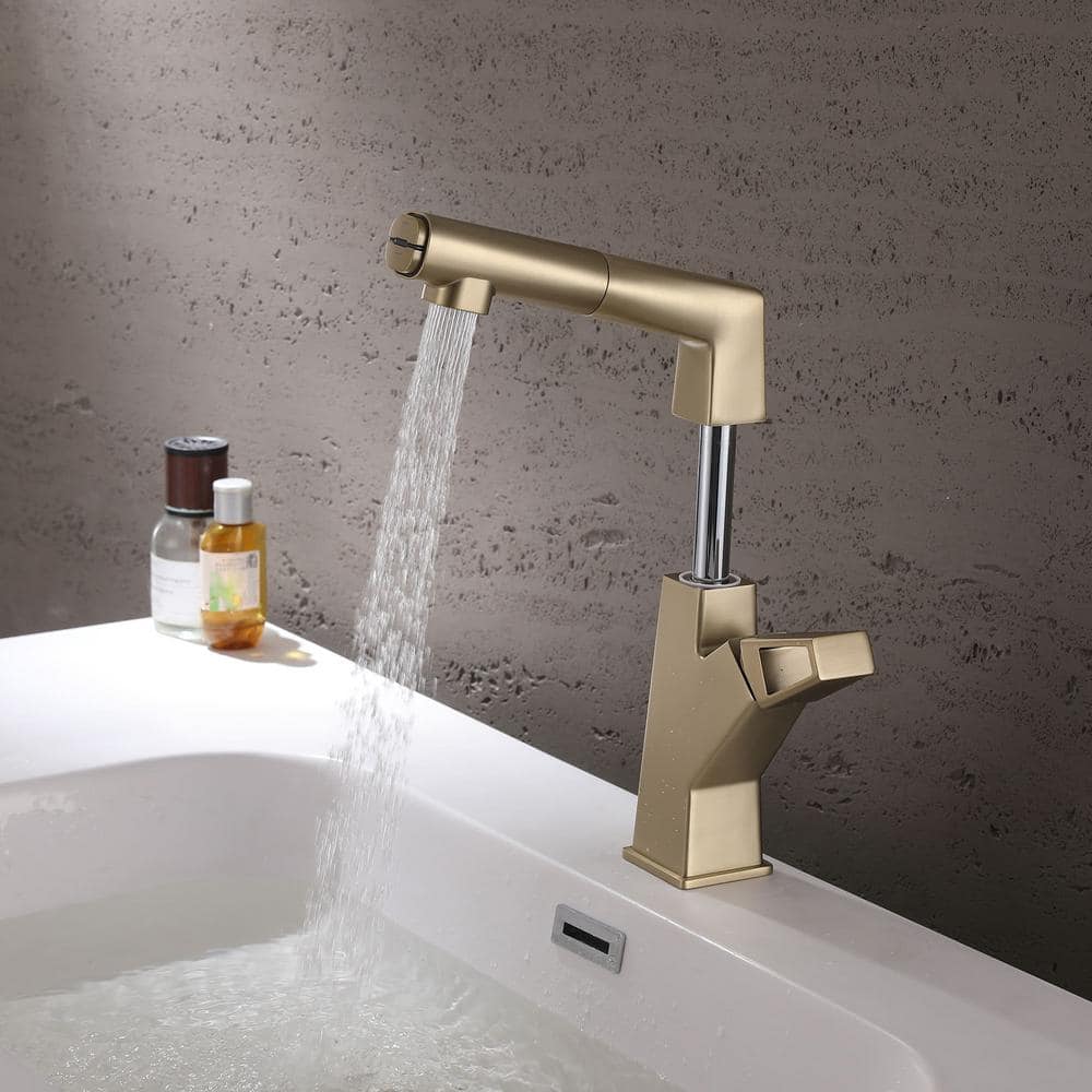 Brushed Gold Deck-Mounted Bathroom Faucet with Pull Out Sprayer