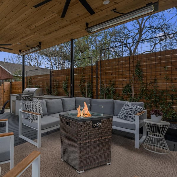 Unbranded PE Wicker Outdoor Fire Pit Pillar with Glass Windshield, Patio Fire Pit with Rain Cover and Cover