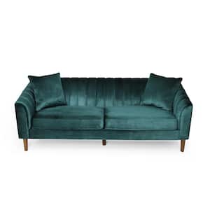 Ansonia 84.5 in. Teal Solid Velvet 3-Seats Tuxedo Sofa with Removable Cushions
