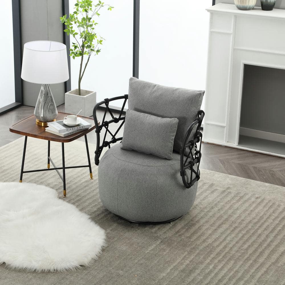 Fashionable Upholstered Tufted Textured Linen Fabric Barrel Chair with Meta