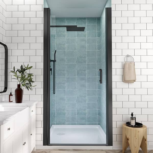 34 to 35-1/2 in. H Pivot Swing Frameless Shower Door in Black with Clear Glass