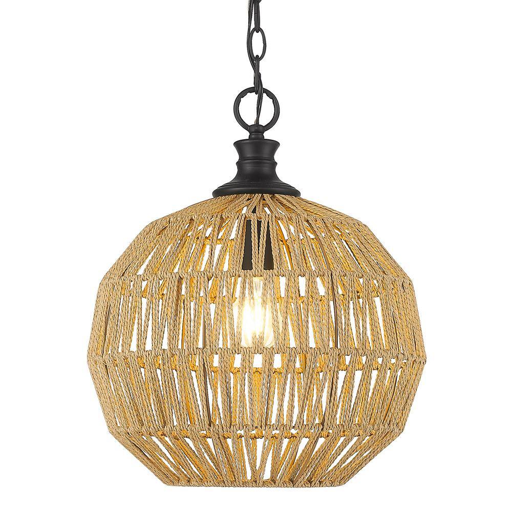 Florence Matte Black and Raphia Rope Globe Pendant Light