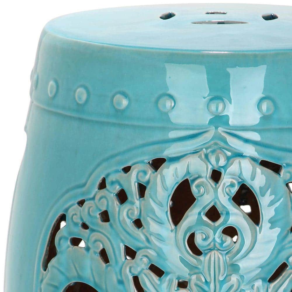Flora Ceramic 17.5" Blue Garden Stool with Leaf Medallion Motif