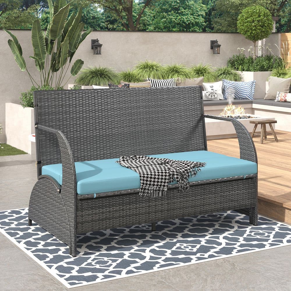 Gray Plastic Outdoor Loveseat with Blue Cushions convertible into Four seat