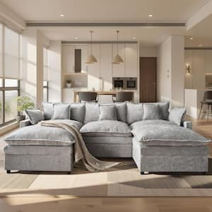 YC 107 in. Wide Arm 3-Piece Modern Chenille U-Shape Modular Sectional Sofa in Dark Gray with 2 Ottomans