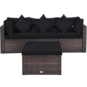 4-Piece Rattan Patio Conversation Furniture Set Yard Outdoor with Black Cushion