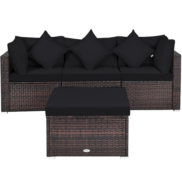 Gymax 4-Piece Rattan Patio Conversation Furniture Set Yard Outdoor with Black Cushion
