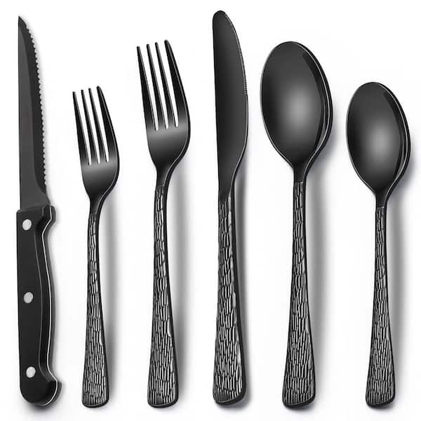 Black Hammered Mirror Finish Silverware Set with Steak Knives, 24-Piece Stainless Steel Flatware for 4