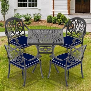 5-Piece Set of Cast Aluminum Patio Outdoor Dining Set with Random Colors Cushions and Black Frame