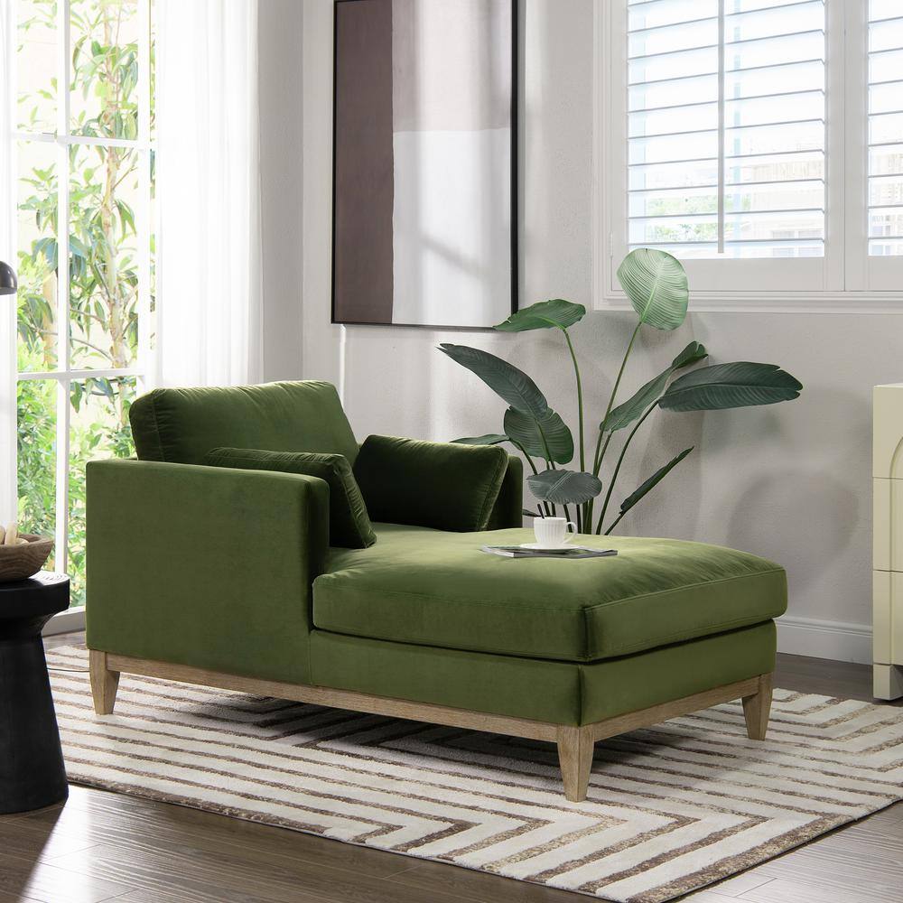 Olive Green Velvet and Wood Chaise Lounge Chair
