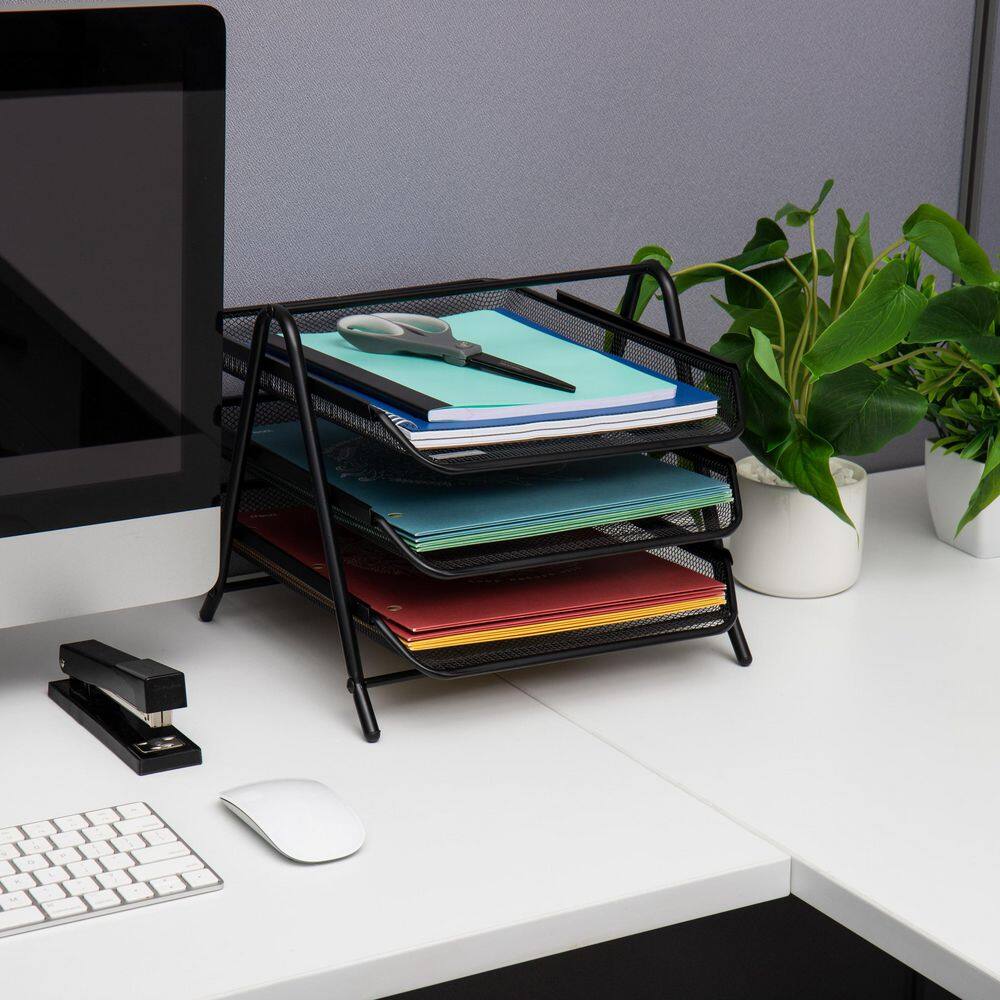 Black Metal Mesh 3-Tier Letter Tray Organizer, Set of 2
