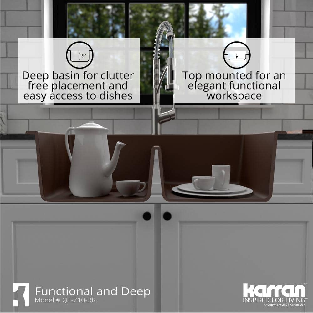 Brown Quartz Double Bowl Kitchen Sink with Curved Rear Walls