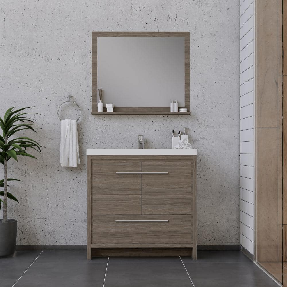 Sortino 36" Gray MDF Freestanding Bathroom Vanity with White Solid Surface Sink