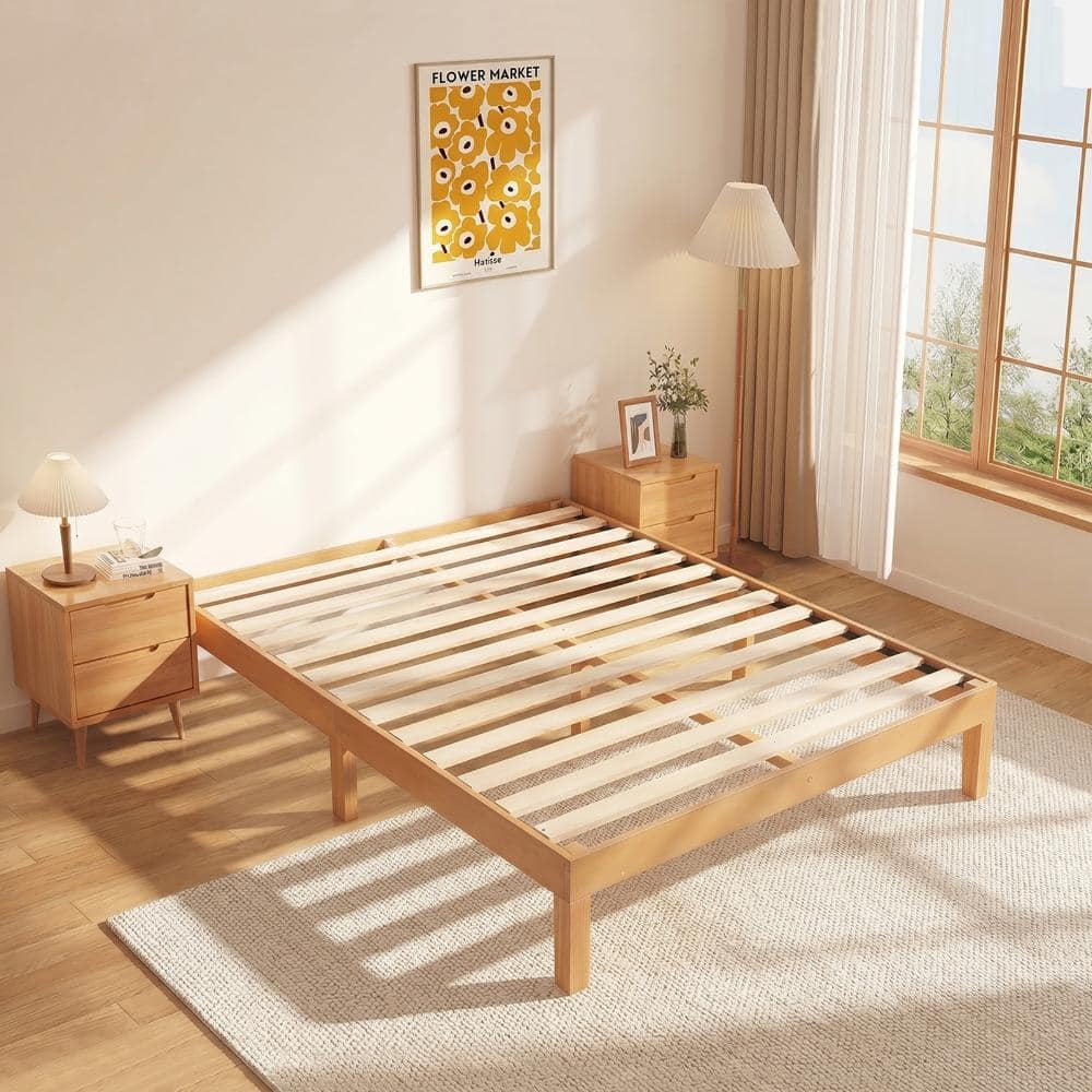 Full Size Natural Pine Solid Wood Bed Frame Platform Bed with Wooden Slat Support & Noise-Free