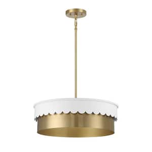20 in. W x 7 in. H 4-Light White and Natural Brass Statement Pendant Light with Metal Shade