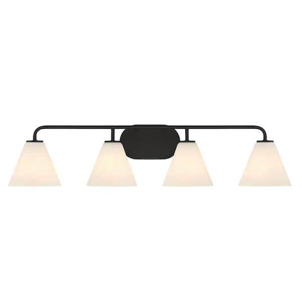 Blair 35 in. W x 8 in. H 4-Light Matte Black Transitional Bathroom Vanity Light with White Strie Glass Shades
