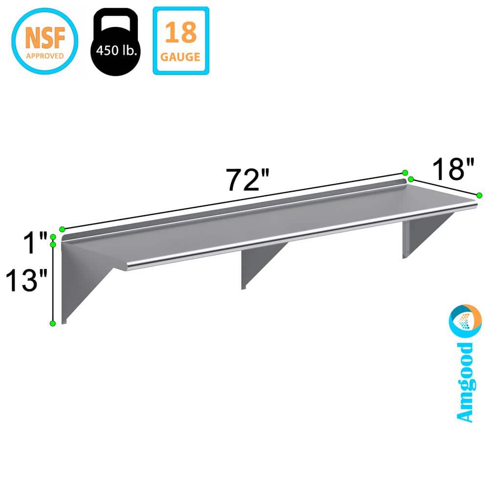72" Long 18" Deep Stainless Steel Wall Shelf with Brackets