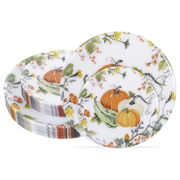 32-Piece Orange Plastic Thanksgiving Plate Set with Pumpkin Design - Includes 16-Dinner Plates and 16-Dessert Plates